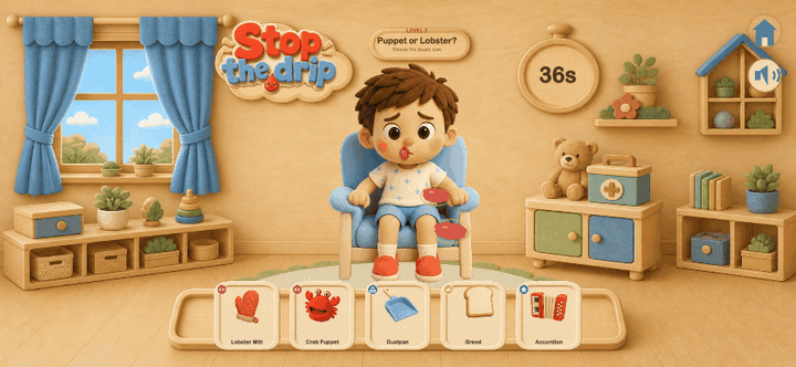 Gameplay showing a child solving a Stop the Drip level with silly objects