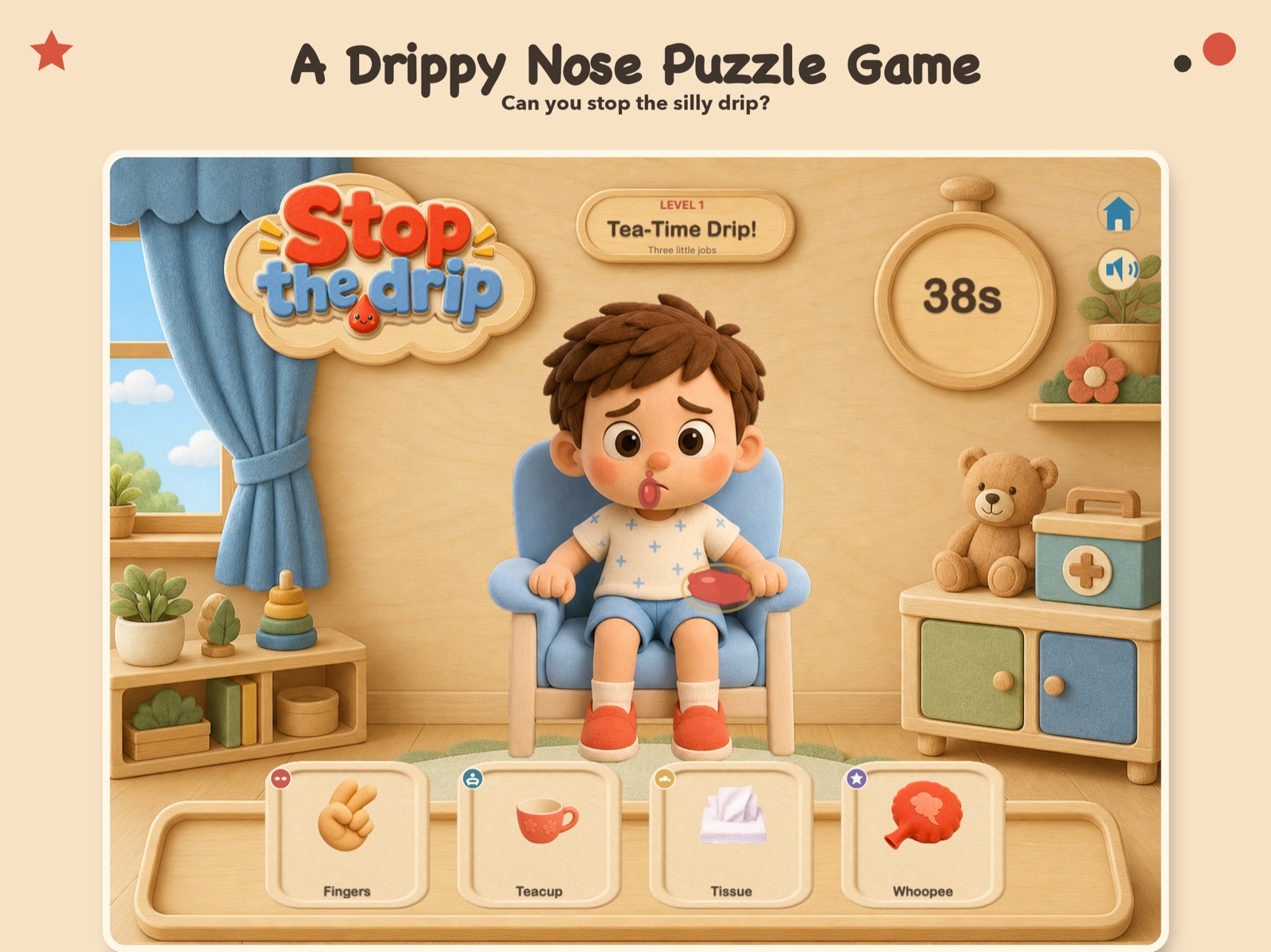 A Stop the Drip puzzle level with the worried child and a tray of objects