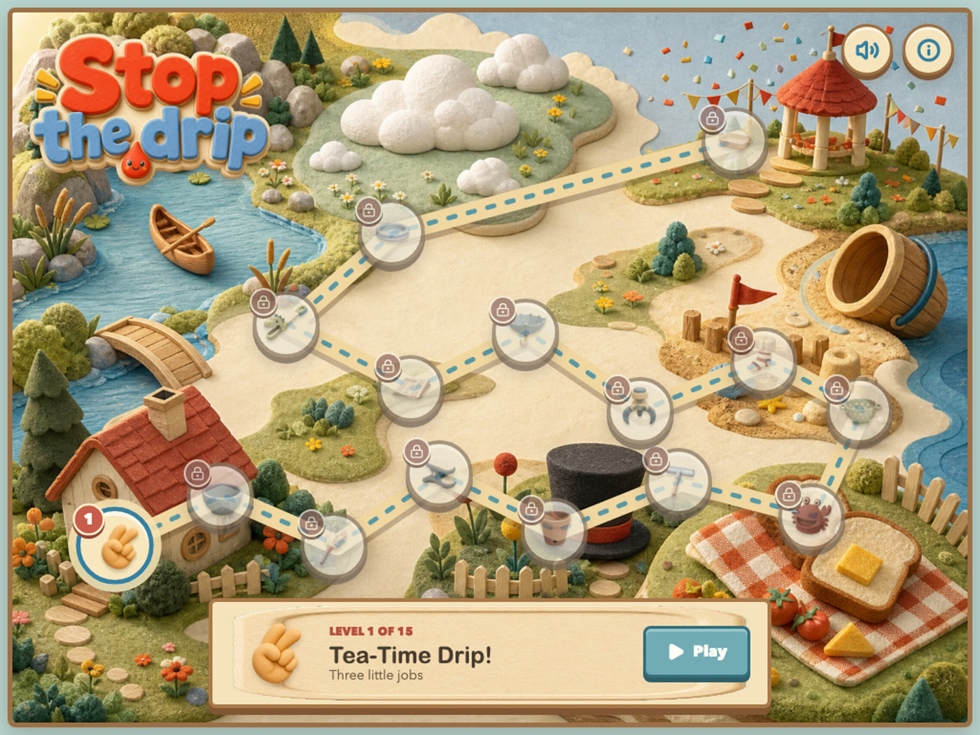 The illustrated Stop the Drip journey map with fifteen puzzle stops